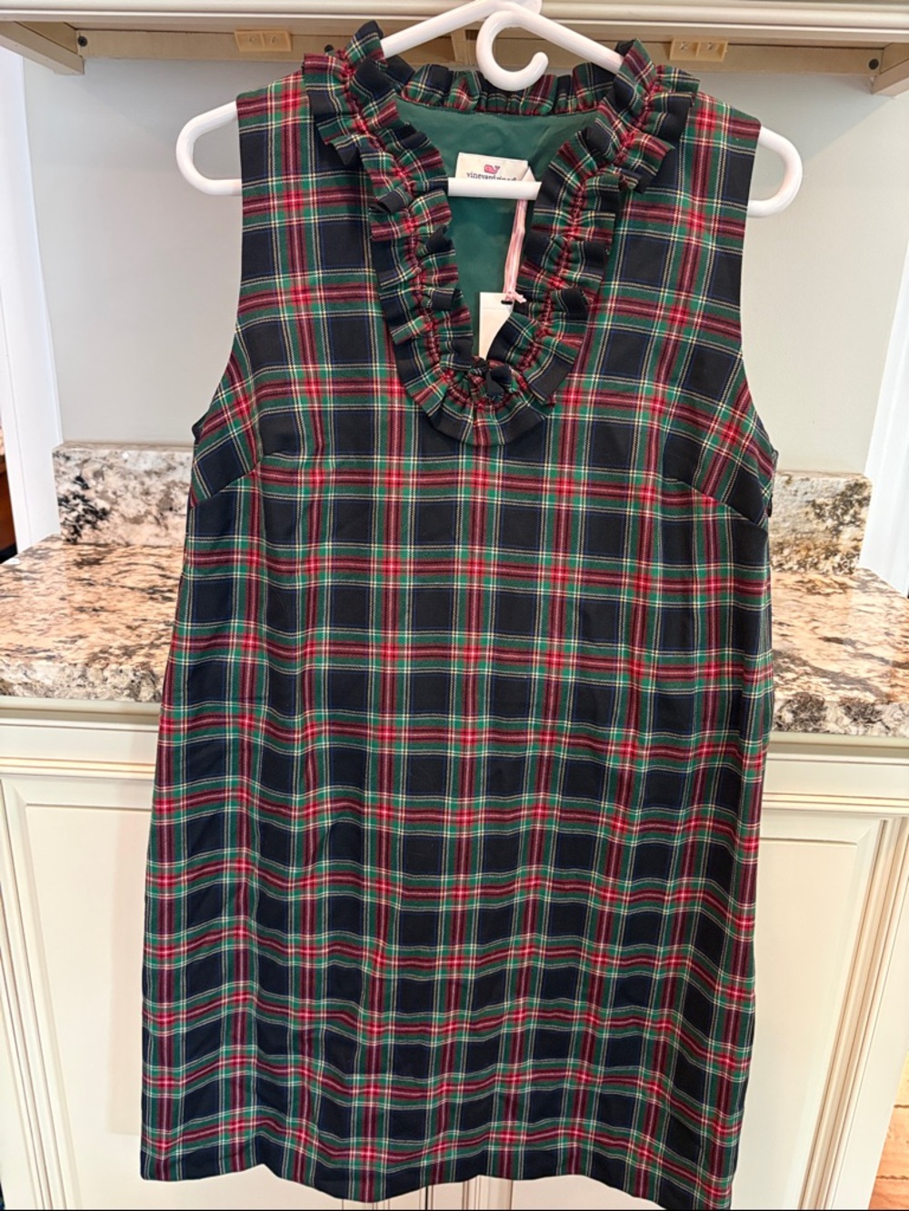 Vineyard Vines Navy Green Red Plaid Ruffle Neck Sleeveless Dress NWT